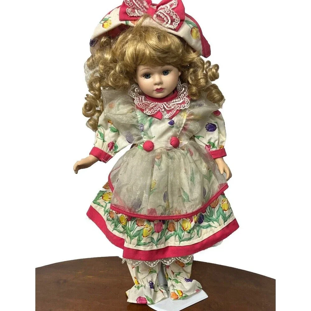 Brass Key Porcelain Doll Tulip Dress Pinafore Bonnet Pantaloons Blonde Curls 16”